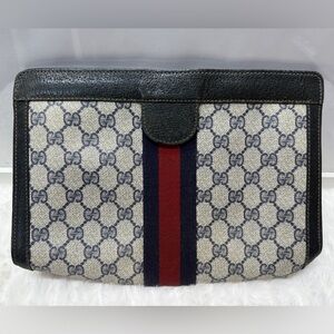 GUCCI-67 014 2125 Navy Sherryline Monogram Coated Canvas Clutch